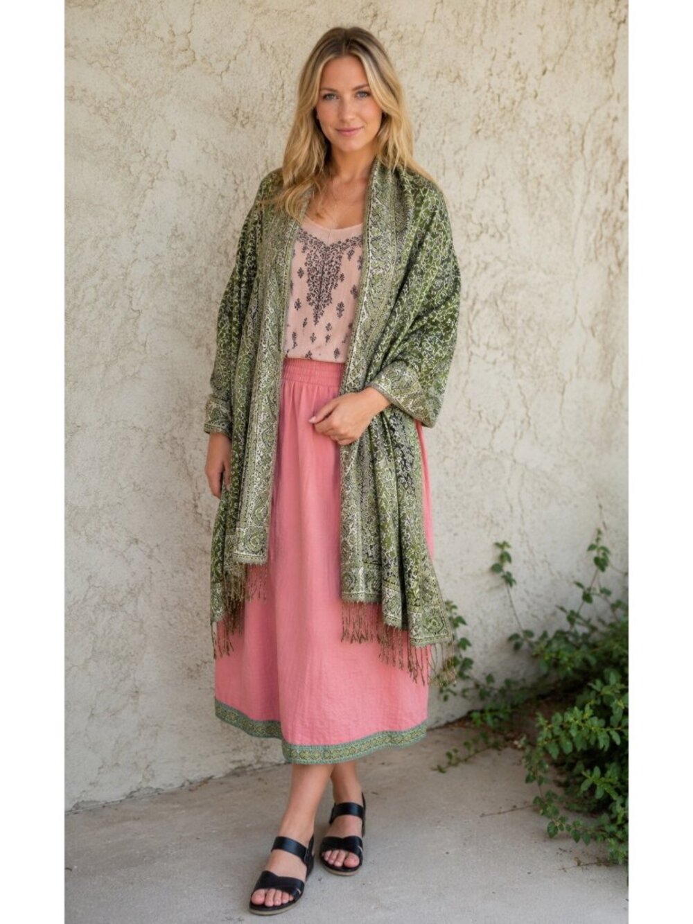 Pashmina Scarf 100% Cashmere Large Shawl Wrap Fringe Green & Black Paisley Glam